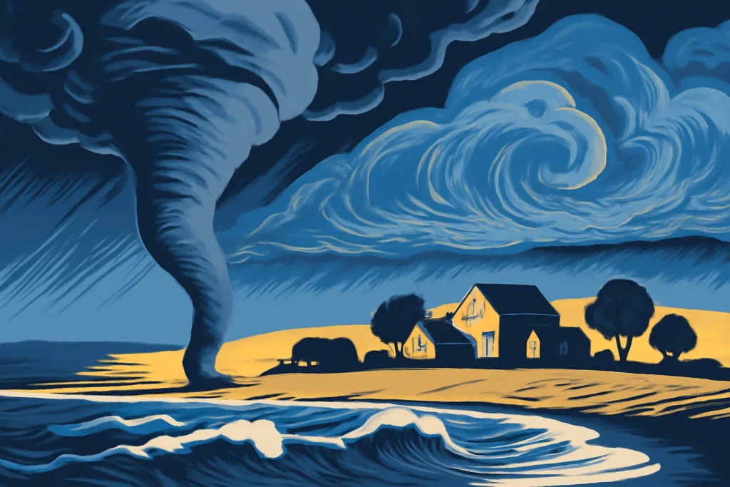 rascunho automático: cena com tornado próximo a cidade rural, nuvens de tempestade e oceano ao fundo