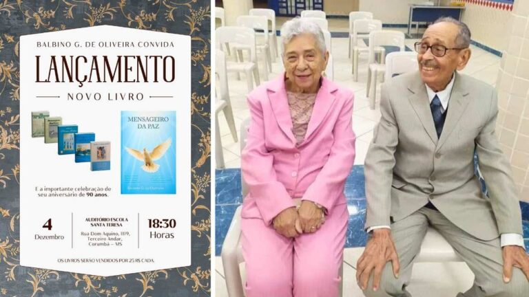 Balbino lança o livro Mensageiro da Paz nesta quinta em Corumbá, em evento na Escola Santa Teresa que também celebra seus 90 anos.