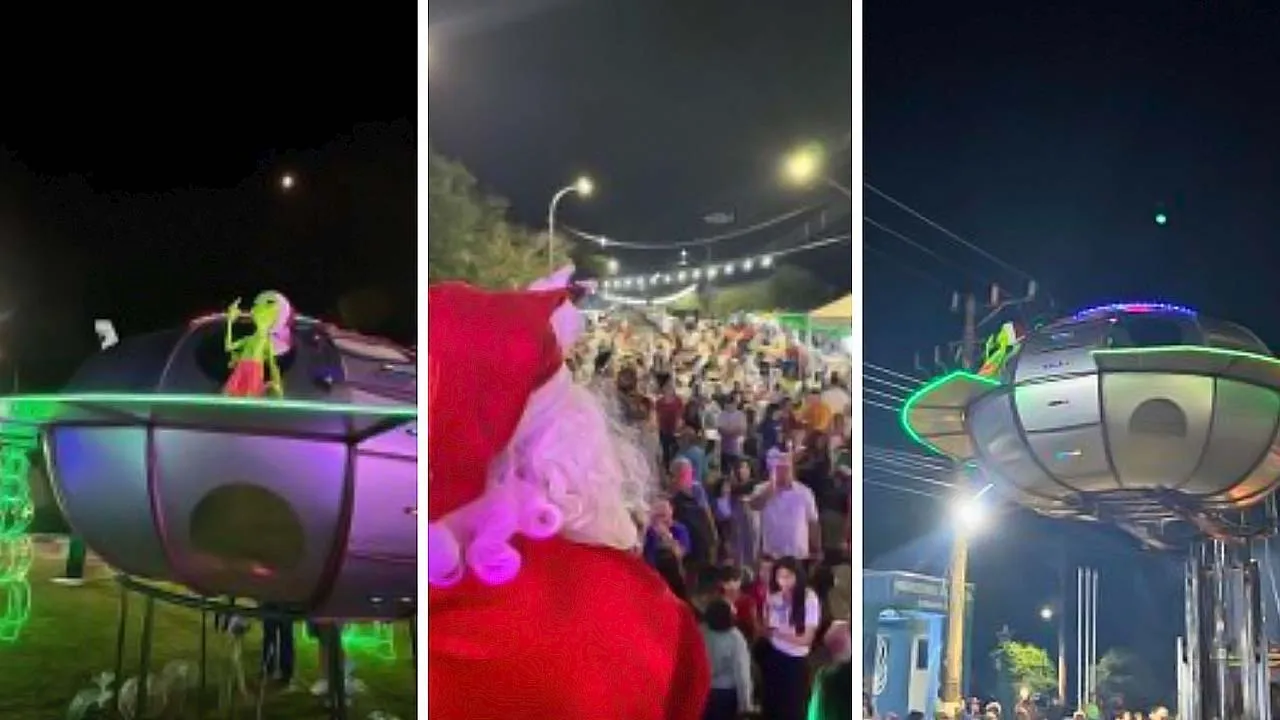 Papai Noel chega em nave espacial iluminada e surpreende moradores de Caracol (MS). Conheça a decoração natalina intergaláctica que virou atração local.