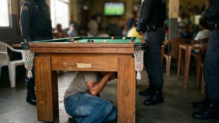 Homem de 26 anos foi preso pela Polícia Militar embaixo de mesa de sinuca após caso de violência doméstica em Corumbá. Vítima levou soco no rosto.