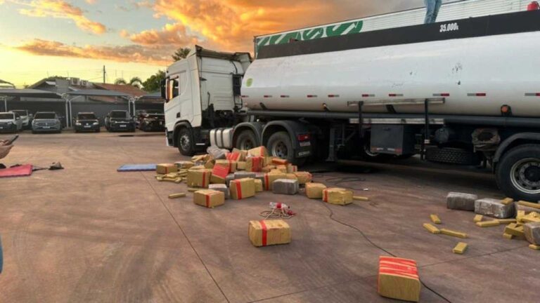 PF apreende carreta com 8 toneladas de drogas e arma em tanque de combustível