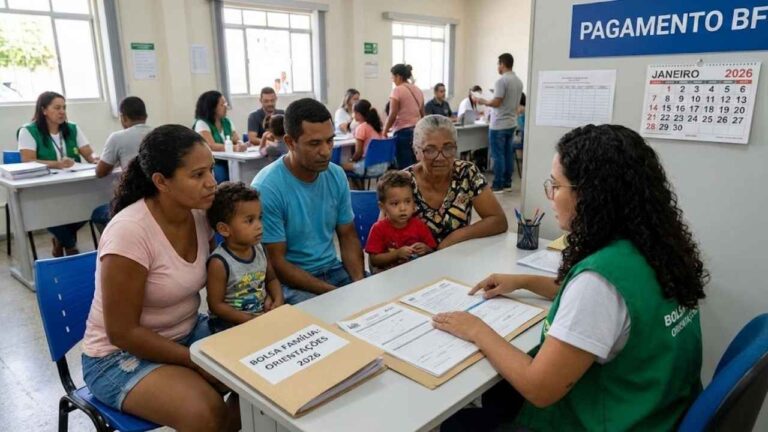 Família brasileira recebendo orientação sobre os direitos e deveres do Bolsa Família em 2026 em um centro de atendimento social, com documentos e calendário visíveis.