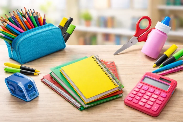 Materiais escolares essenciais organizados para a volta às aulas em 2026