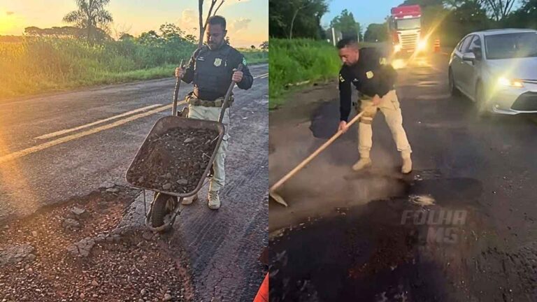 PRF tapa buracos com terra na BR-376 para evitar acidentes entre Nova Andradina e Ivinhema. Medida emergencial repercute entre motoristas.