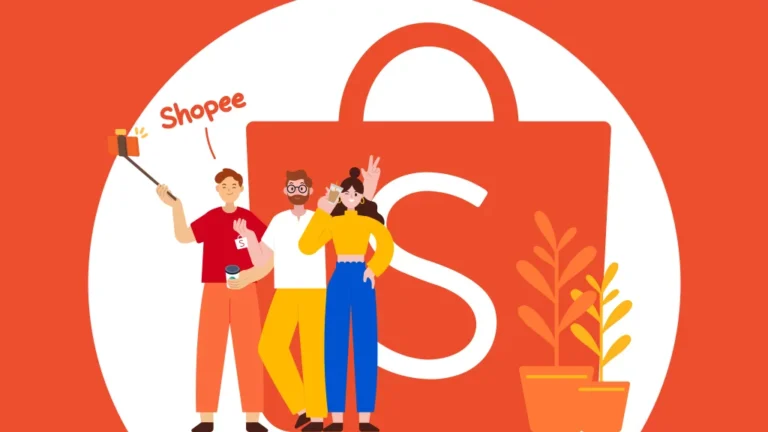 Pessoas animadas comprando online na Shopee com o banner da '2.2 a 1ª Liquida do Ano', com cupons e ofertas voando.