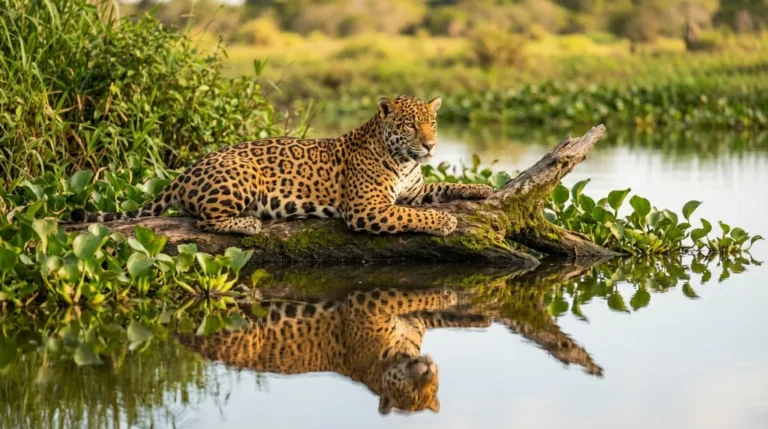 Capivara e jacaré, animais do Pantanal Sul, em cenário natural