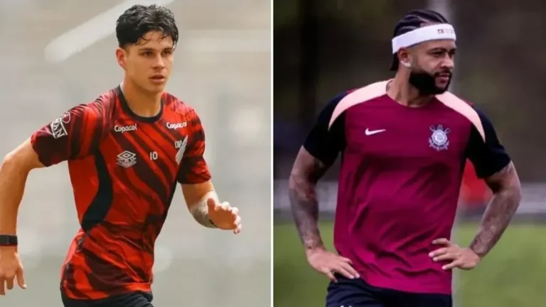 Jogadores de Athletico-PR e Corinthians disputam a bola em partida do Brasileirão.