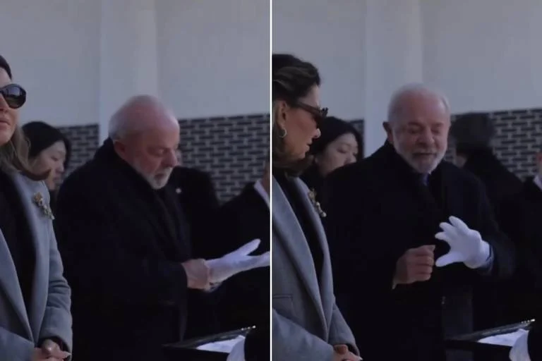 Lula exibe luva personalizada com quatro dedos ao lado de líder da Coreia do Sul