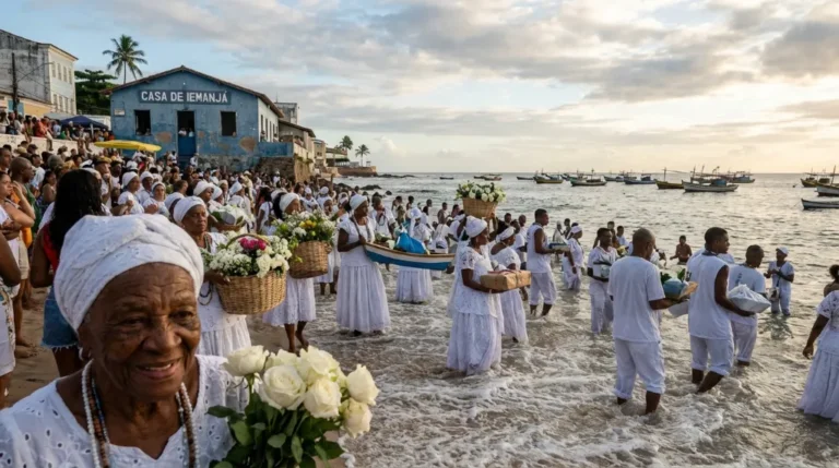 Imagens de oferendas e flores para o Dia de Iemanjá em 2 de fevereiro.