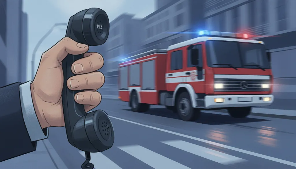 Telefone com o número de emergência 193 e um caminhão de bombeiros ao fundo, ilustrando o perigo dos trotes.