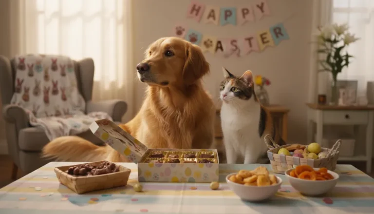 Cão e gato seguros ao lado de chocolates de Páscoa, com petiscos próprios para pets em primeiro plano, simbolizando a prevenção de intoxicação.