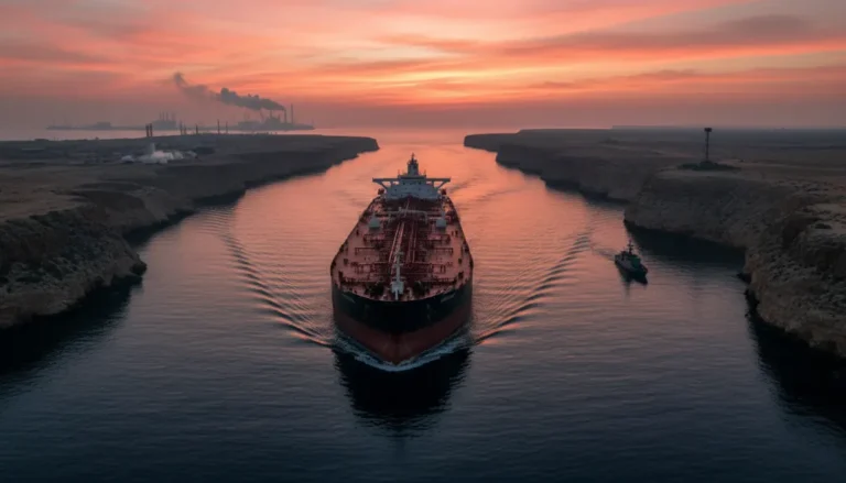 Navio petroleiro gigante cruzando uma passagem marítima estreita e estratégica ao amanhecer, com costas áridas, ilustrando a importância estratégica do Estreito de Ormuz para o fluxo de energia global e a geopolítica.