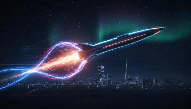 Imagem digital de um míssil hipersônico elegante voando em alta velocidade com rastros de energia, ilustrando visualmente as capacidades técnicas do míssil Fattah 2 e seu impacto na defesa moderna.
