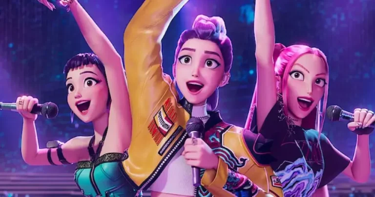 Personagens de Guerreiras do K-Pop 2 em palco com elementos de ação