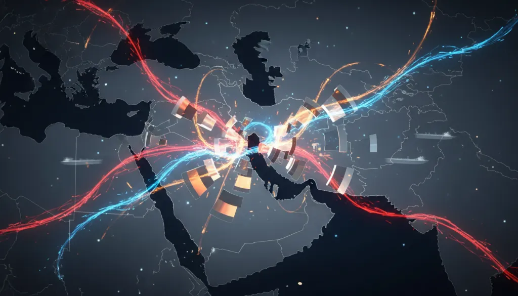 Bloqueio no Estreito de Ormuz: Como o colapso afeta o mercado global de petróleo, gás natural e as cadeias de suprimentos em 2026 3 Uma representação abstrata e dinâmica de energias geopolíticas convergindo no Estreito de Ormuz, ilustrando a complexa teia de interesses dos principais atores geopolíticos no estreito de ormuz.