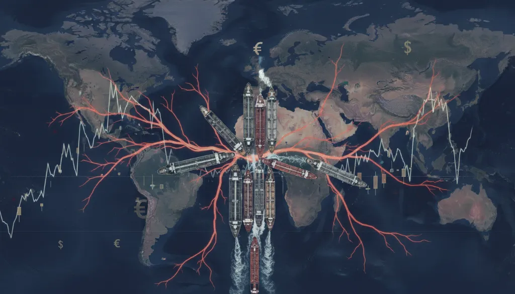 Cena tensa do Estreito de Ormuz com petroleiros bloqueados e gráficos de crise, ilustrando as severas consequências econômicas de um bloqueio no Estreito de Ormuz para o mercado global.