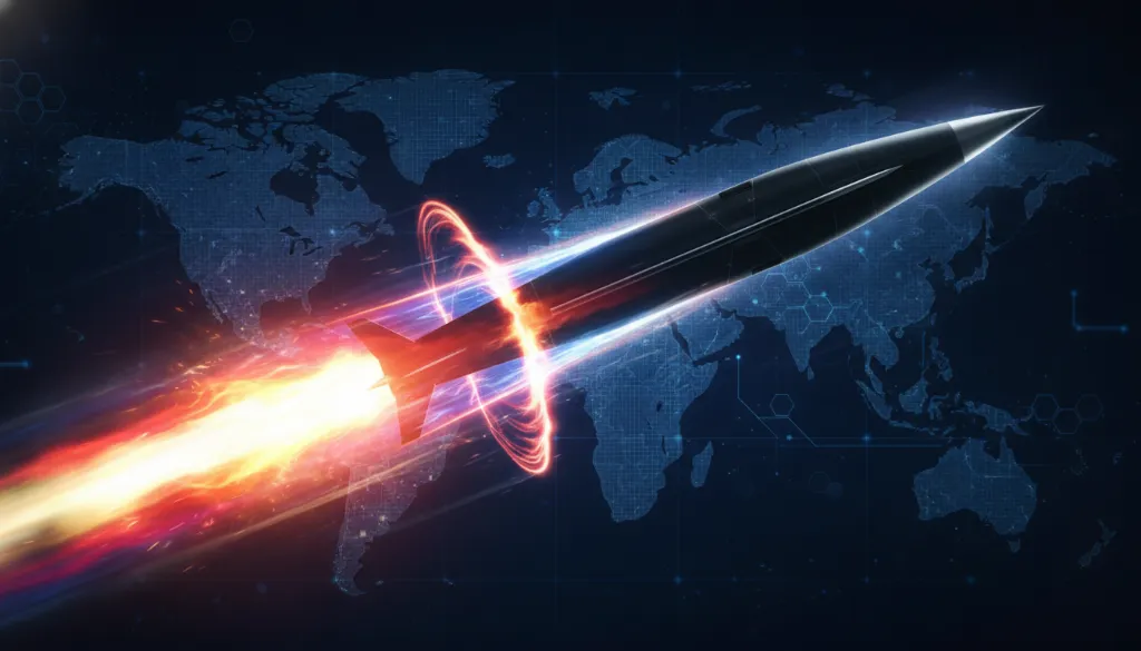 Um míssil hipersônico futurista em alta velocidade com uma trilha de plasma brilhante e ondas de choque, ilustrando a tecnologia por trás dos mísseis hipersônicos e seu impacto na defesa aérea.