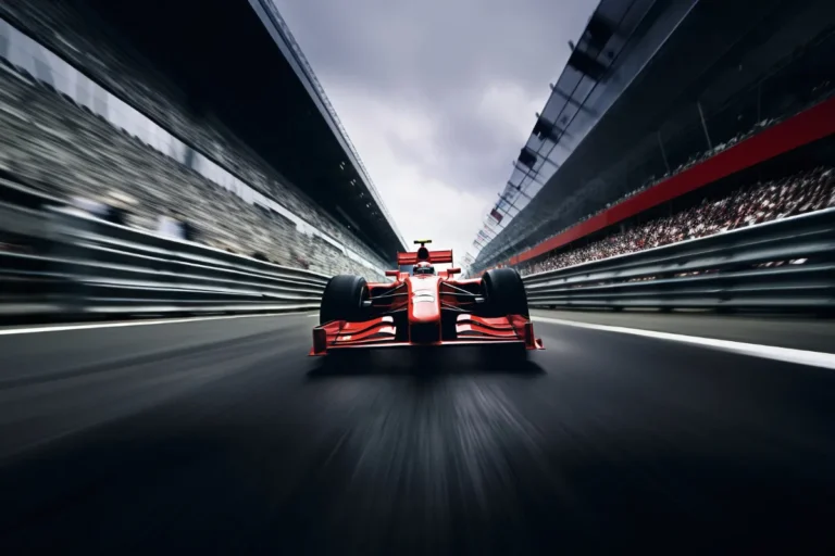 Carro de Fórmula 1 em movimento em uma pista, com a bandeira quadriculada ao fundo.