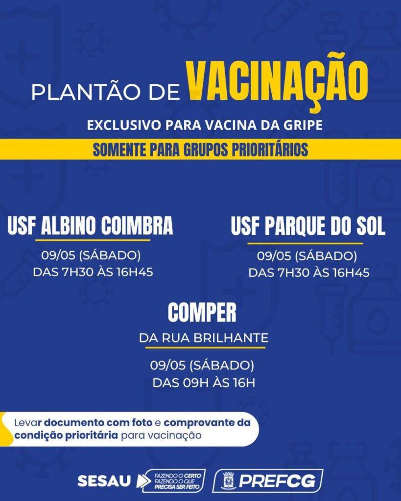 Plantão de vacinação contra a influenza acontece em três pontos neste sábado (9)