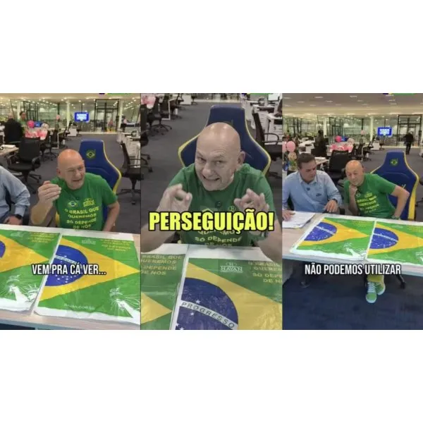 Sacolas da Havan com a bandeira do Brasil e símbolo do MPF ao fundo