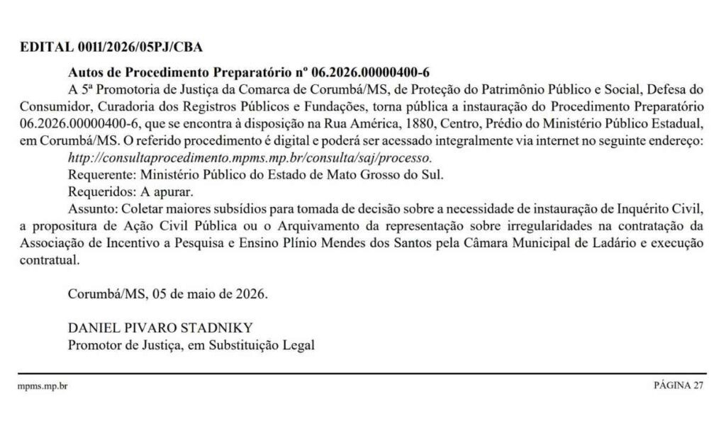 MPMS investiga contrato sem licitação entre Câmara de Ladário e entidade que organizou concurso público 2 procedimento mpms
