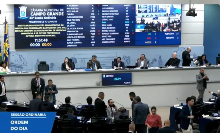 Placar de votação na Câmara de Campo Grande mostrando 17 votos contra a terceirização de unidades de saúde.