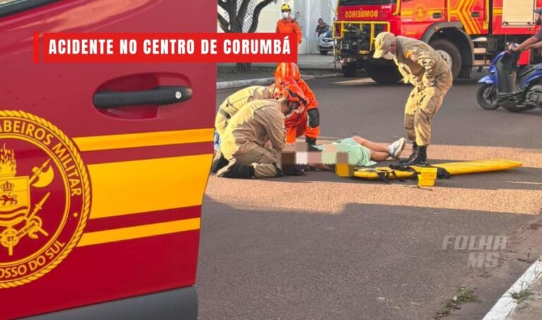 Idosa atinge motociclista ao sair de garagem e mulher fica ferida no Centro de Corumbá