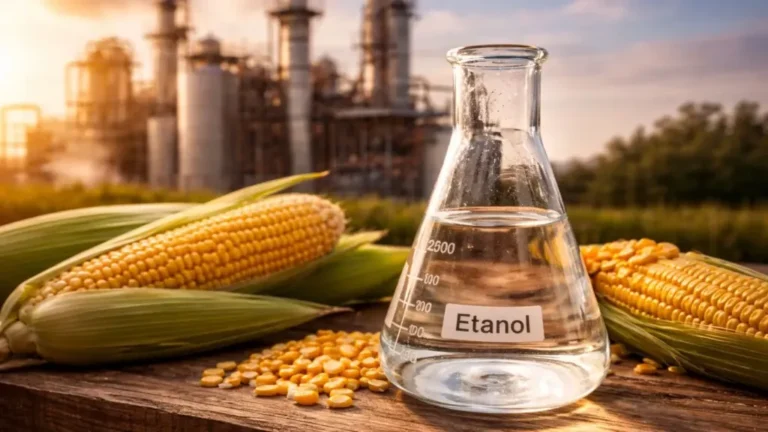 Usina de etanol de milho com silos, tanques e placa indicando tarifa de 25%; bandeiras do Brasil e dos EUA ao fundo.
