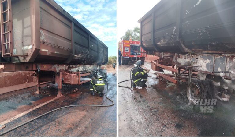 Caminhão carregado com minério pega fogo na BR-262 e tem 16 pneus destruídos em Corumbá