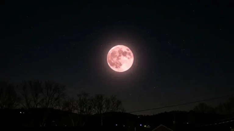 Lua de Morango baixa no horizonte sobre silhuetas urbanas