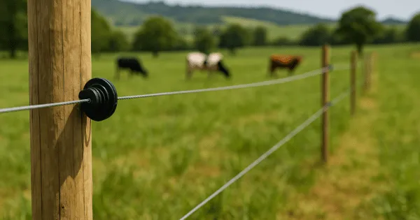Cerca metálica em fazenda com cabos de alta tensão ao fundo e profissionais de emergência à distância