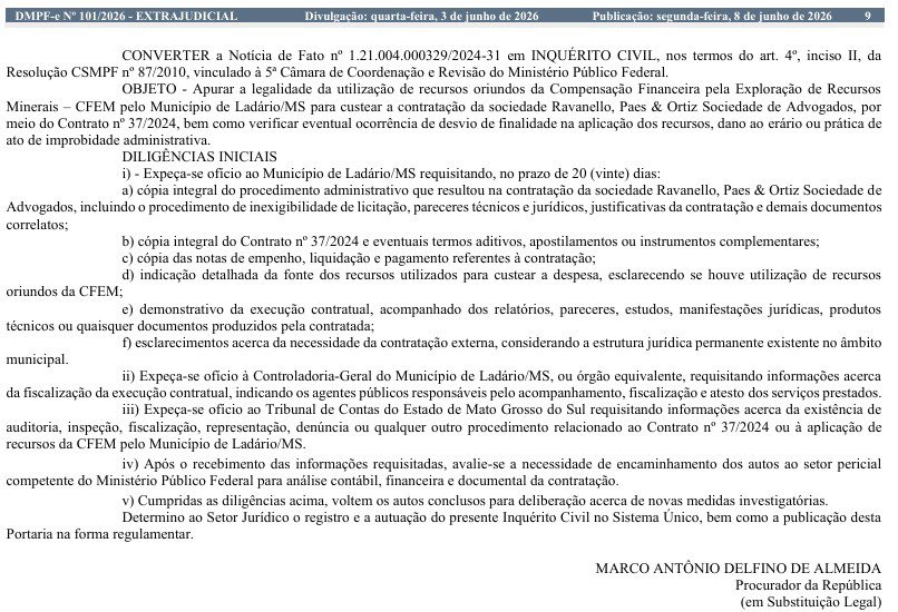 MPF apura uso de recursos da CFEM em contrato jurídico de R$ 750 mil assinado em 2024 2 mpf ladario
