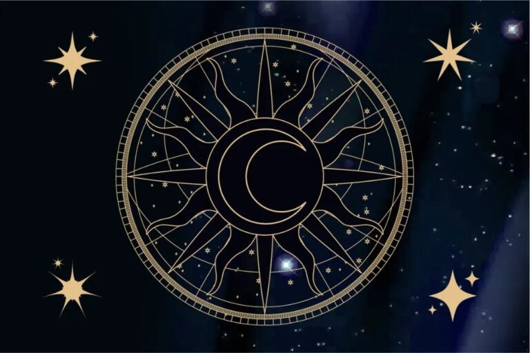 Céu estrelado com constelações e ícones de amor, trabalho e finanças