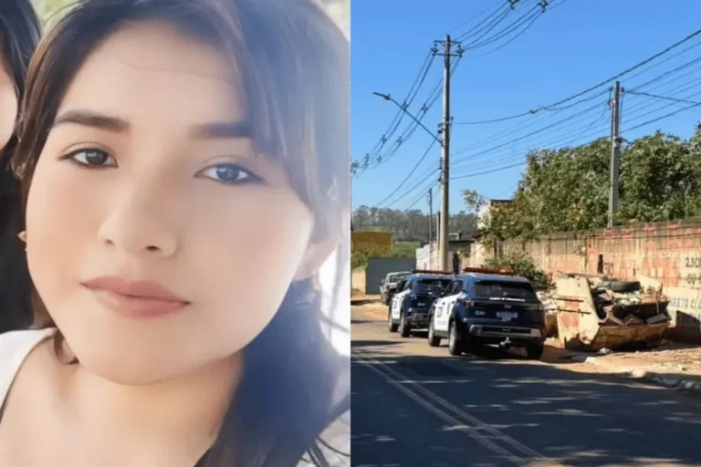 Cena de investigação policial com caçambas e fita de isolamento em rua residencial