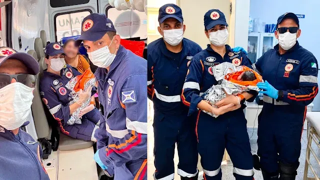 Ambulância parada na BR-262 com equipe do Samu atendendo parto no interior do veículo