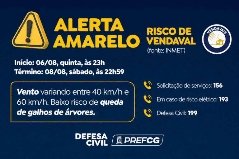 Defesa Civil emite alerta para risco de vendaval 