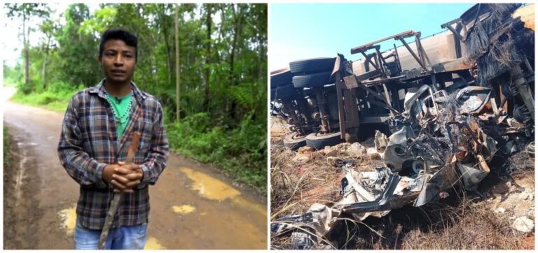 Carro destruído após acidente com semirreboque na MS-180