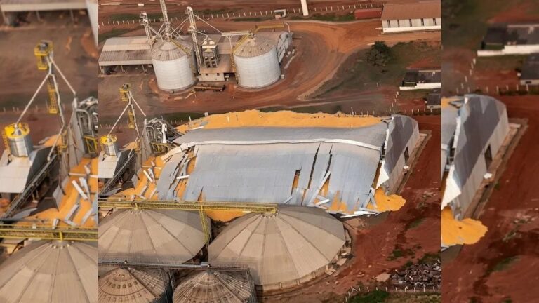 Vista aérea do armazém de grãos desabado em São Gabriel do Oeste, com grãos espalhados.