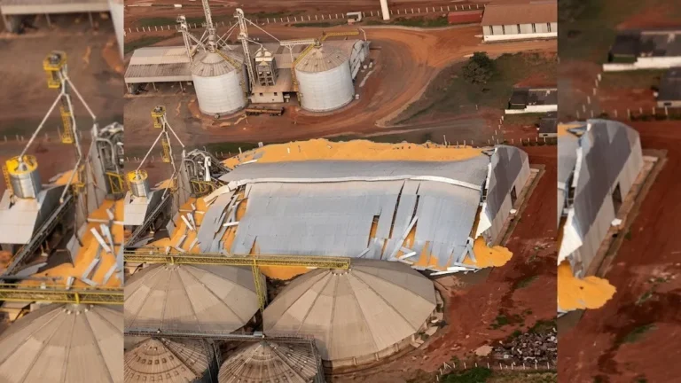 Vista aérea do armazém de grãos desabado em São Gabriel do Oeste, com grãos espalhados.