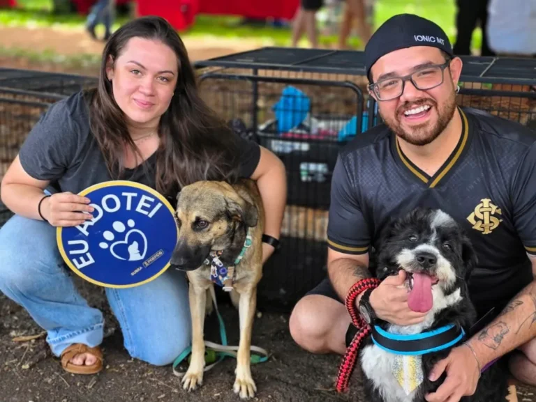 Feira de adoção de cães na Praça Bolívia com animais disponíveis para adoção