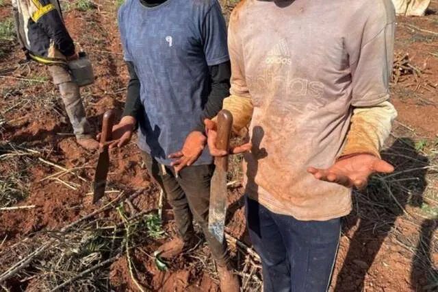 Fiscais do trabalho conversam com trabalhadores resgatados em fazenda no Mato Grosso do Sul