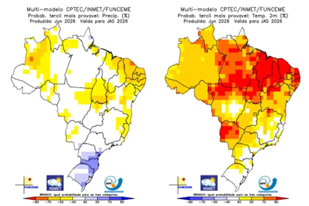 Mapa do Brasil cercado por chuva intensa, enchentes, seca, calor e queimadas associados ao El Niño
