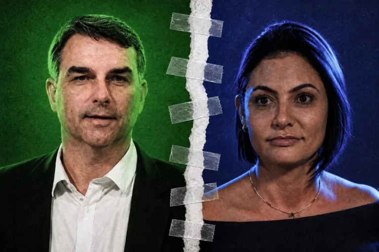 Flávio Bolsonaro e Michelle Bolsonaro se cumprimentando em encontro político