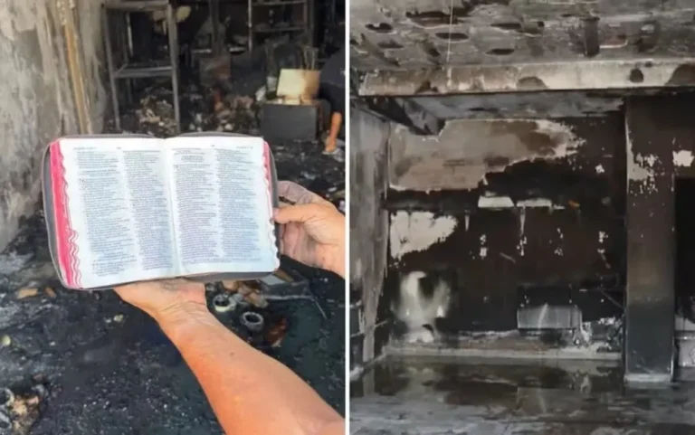 Bíblia intacta sobre destroços após incêndio destruir loja em Goiânia