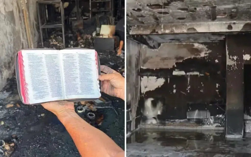 Bíblia intacta sobre destroços após incêndio destruir loja em Goiânia