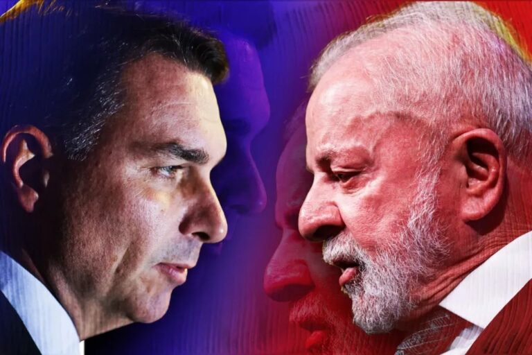 Flávio Bolsonaro e Lula em cenário de empate técnico na disputa presidencial conforme pesquisa AtlasIntel