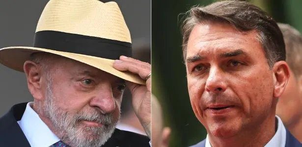 Gráfico comparativo de intenção de voto entre Lula e Flávio Bolsonaro com urna eletrônica ao fundo