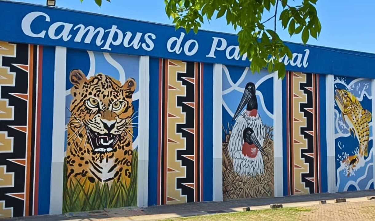 Restauração recria onça-pintada e muda expressão de mural da UFMS em Corumbá