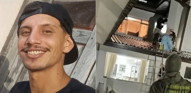 Chaminé de churrasqueira isolada por fita policial em Mandirituba, no Paraná, onde um corpo foi encontrado