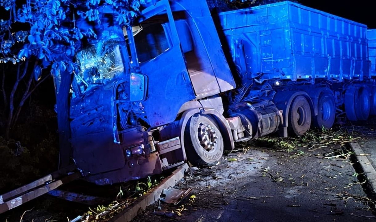 Carreta sai da pista após carreta atingir árvore na BR-262